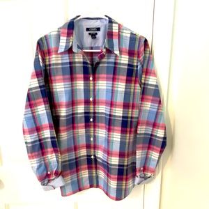 Chaps ladies plaid blouse with stripped cuffs and collar size L